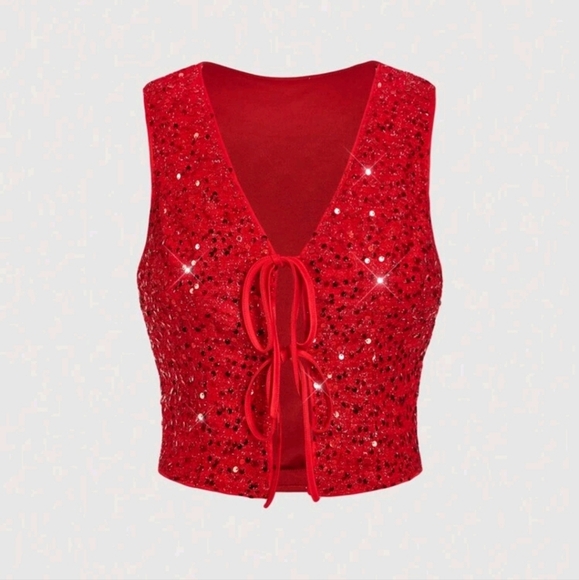 Red Beaded Slim Fit Women's Vest Jacket - Picture 1 of 4